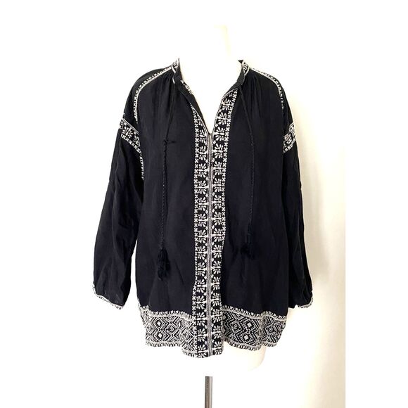 Madewell Camelia Black White Embroidered Boho Peasant Tassel Top Blouse M (flaw) - Picture 2 of 9